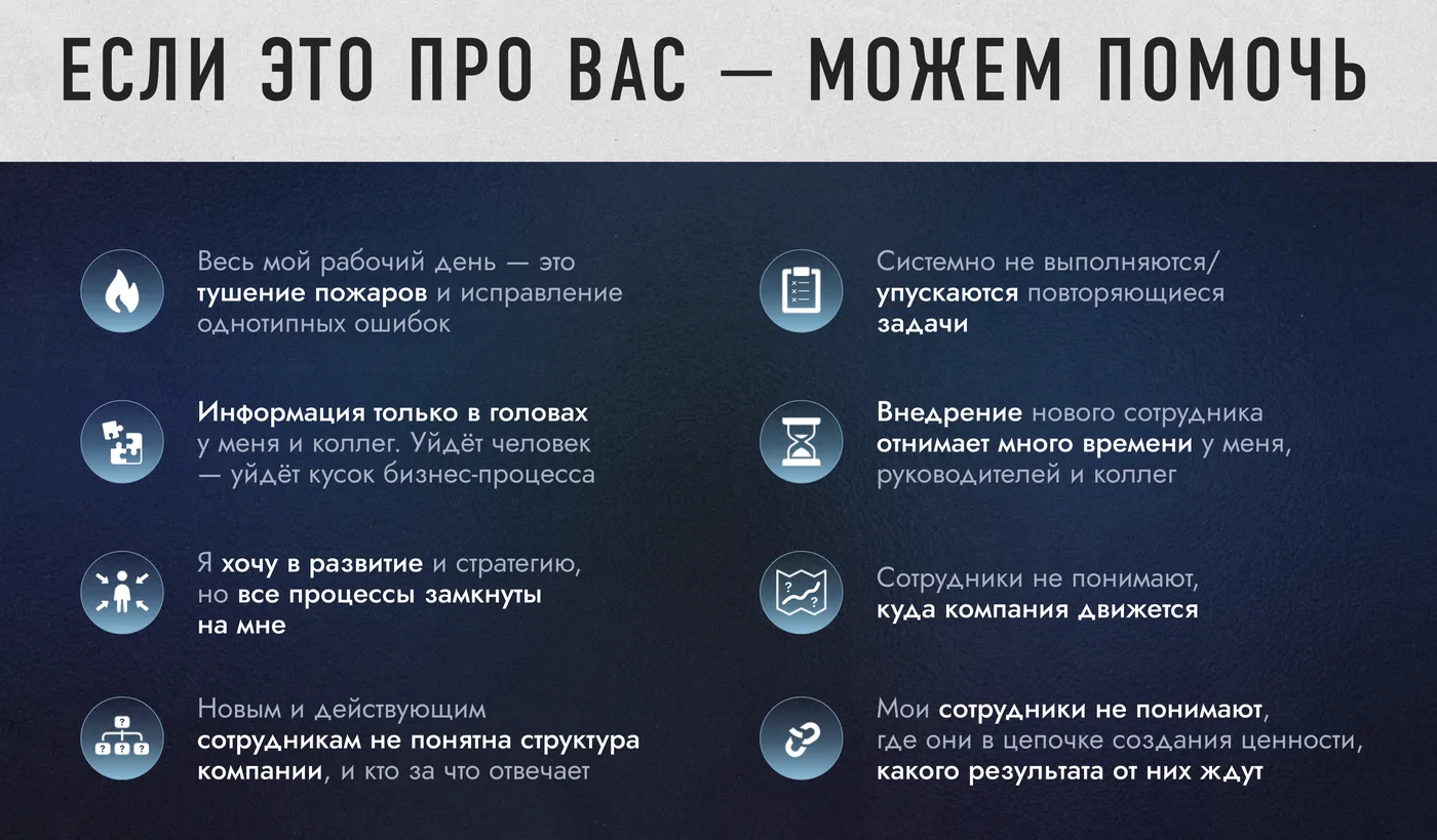 Если это про вас, можем помочь: тушение пожаров, информация только в головах, все процессы замкнуты на собственнике и т.д.